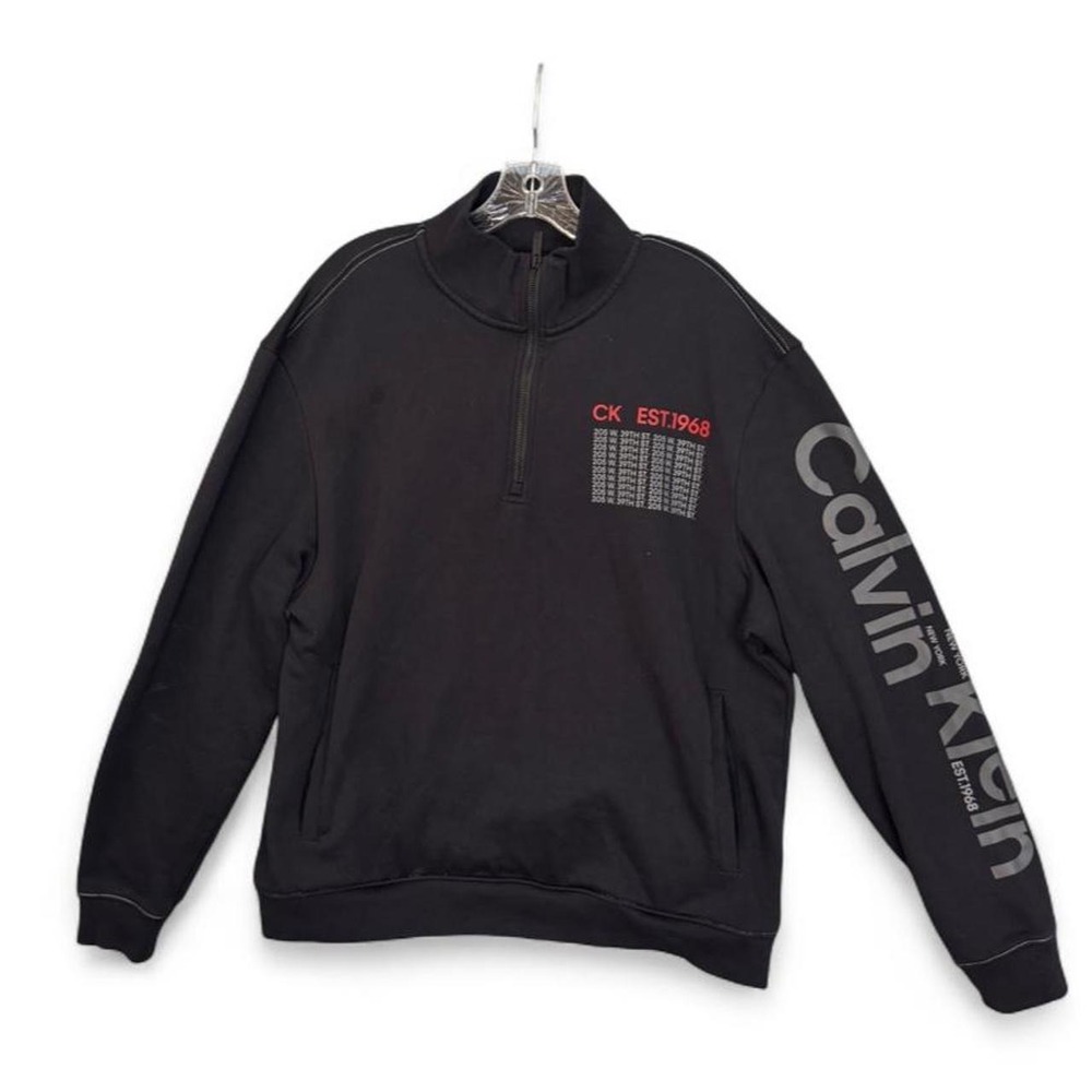 Calvin Klein Mens XL Black Fleece Quarter Zip Pullover Graphic Sleeve Sweatshirt